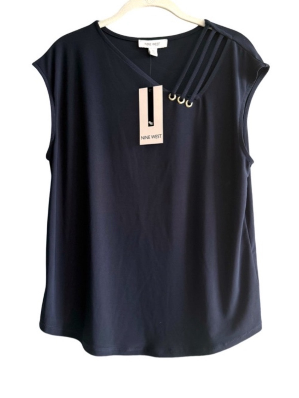 NEW Nine West V-neck Cap Sleeve Blouse Laced Detail Navy Blue Gold Size M